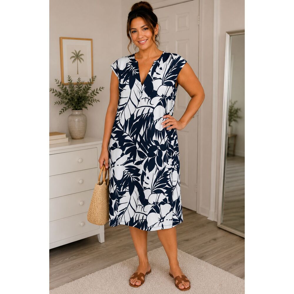 Connected Apparel Navy White Floral Sheath Dress Size 10 Tropical Print